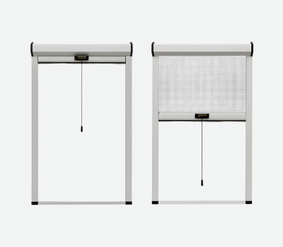 Vertical roller fly screen for windows shown open and closed